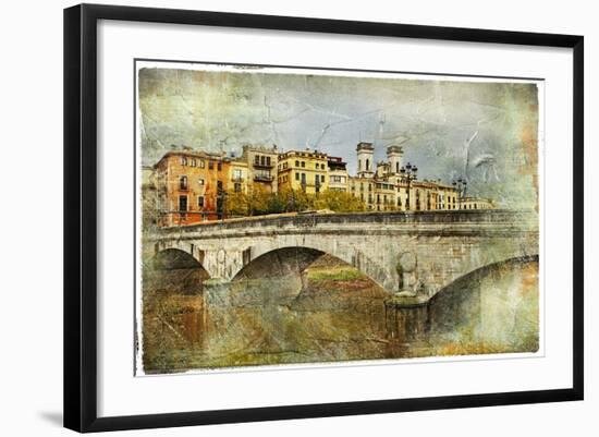 Girona, View With Bridge - Artistic Picture In Painting Style-Maugli-l-Framed Art Print