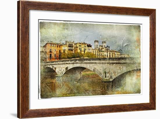 Girona, View With Bridge - Artistic Picture In Painting Style-Maugli-l-Framed Art Print