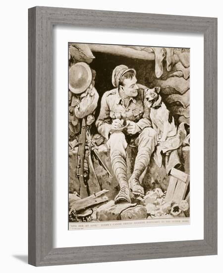 Giver Her My Love , Tommy's Canine Friend Suggests Postcript to the Letter Home, from War Illlustr-Stanley L Wood-Framed Giclee Print