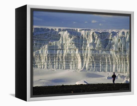 Glacier and Trekker from Summit at Uhuru Peak, Kilimanjaro National Park, Tanzania, Africa-David Poole-Framed Premier Image Canvas