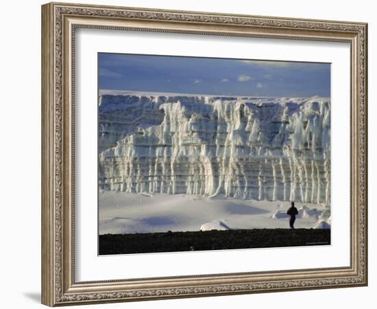 Glacier and Trekker from Summit at Uhuru Peak, Kilimanjaro National Park, Tanzania, Africa-David Poole-Framed Photographic Print