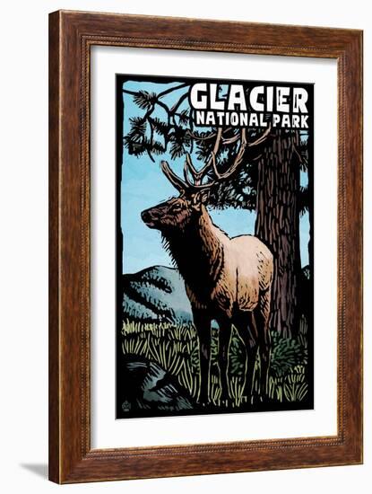 Glacier National Park - Elk - Scratchboard-Lantern Press-Framed Art Print