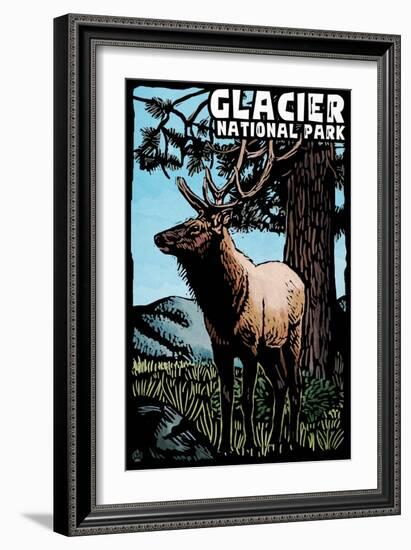 Glacier National Park - Elk - Scratchboard-Lantern Press-Framed Art Print