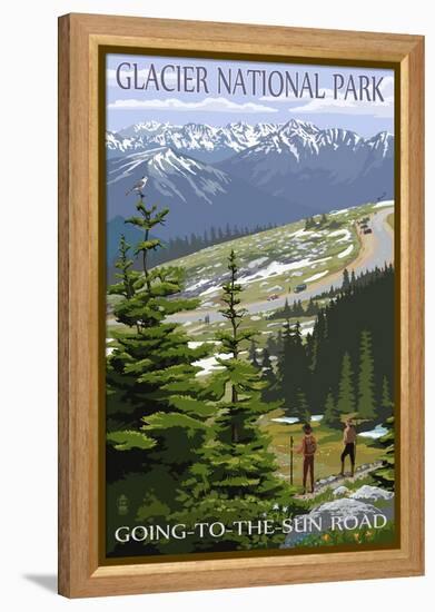 Glacier National Park - Going to the Sun Road and Hikers-Lantern Press-Framed Stretched Canvas