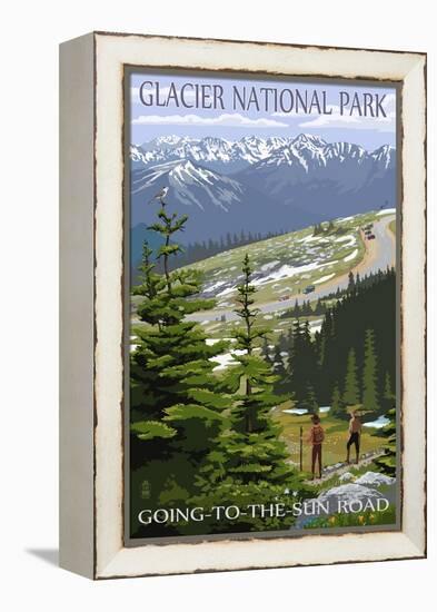 Glacier National Park - Going to the Sun Road and Hikers-Lantern Press-Framed Stretched Canvas