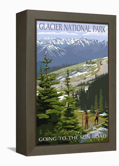 Glacier National Park - Going to the Sun Road and Hikers-Lantern Press-Framed Stretched Canvas