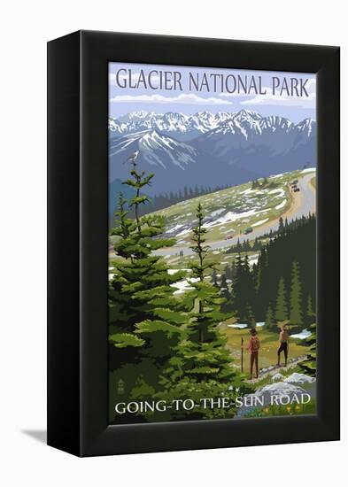 Glacier National Park - Going to the Sun Road and Hikers-Lantern Press-Framed Stretched Canvas