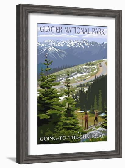 Glacier National Park - Going to the Sun Road and Hikers-Lantern Press-Framed Art Print