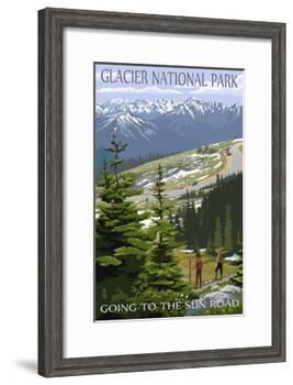 Glacier National Park - Going to the Sun Road and Hikers-Lantern Press-Framed Art Print