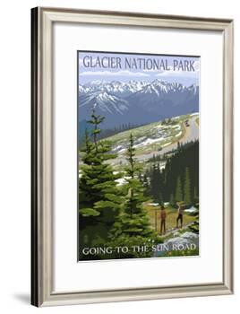 Glacier National Park - Going to the Sun Road and Hikers-Lantern Press-Framed Art Print