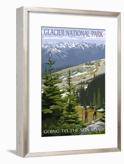 Glacier National Park - Going to the Sun Road and Hikers-Lantern Press-Framed Art Print