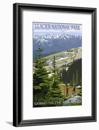 Glacier National Park - Going to the Sun Road and Hikers-Lantern Press-Framed Art Print