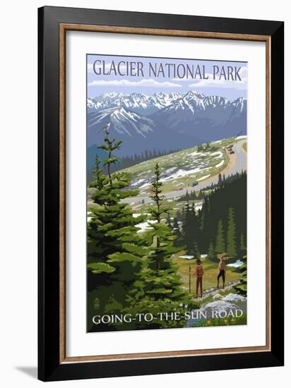 Glacier National Park - Going to the Sun Road and Hikers-Lantern Press-Framed Art Print