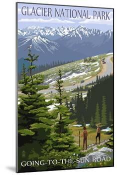 Glacier National Park - Going to the Sun Road and Hikers-Lantern Press-Mounted Art Print
