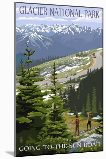 Glacier National Park - Going to the Sun Road and Hikers-Lantern Press-Mounted Art Print