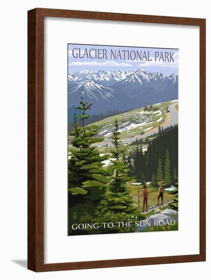 Glacier National Park - Going to the Sun Road and Hikers-Lantern Press-Framed Art Print