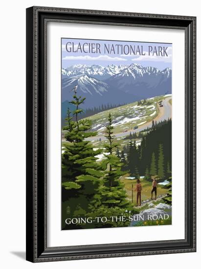 Glacier National Park - Going to the Sun Road and Hikers-Lantern Press-Framed Art Print