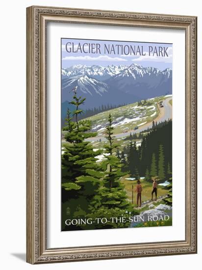 Glacier National Park - Going to the Sun Road and Hikers-Lantern Press-Framed Premium Giclee Print