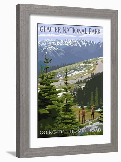 Glacier National Park - Going to the Sun Road and Hikers-Lantern Press-Framed Premium Giclee Print