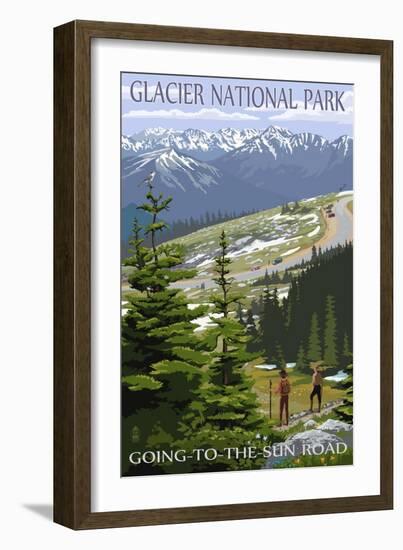 Glacier National Park - Going to the Sun Road and Hikers-Lantern Press-Framed Premium Giclee Print