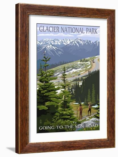 Glacier National Park - Going to the Sun Road and Hikers-Lantern Press-Framed Premium Giclee Print