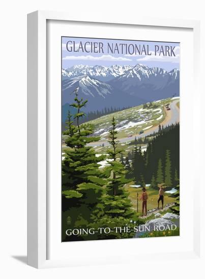 Glacier National Park - Going to the Sun Road and Hikers-Lantern Press-Framed Premium Giclee Print