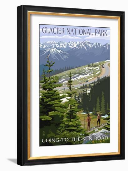 Glacier National Park - Going to the Sun Road and Hikers-Lantern Press-Framed Premium Giclee Print