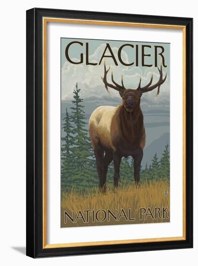 Glacier National Park, Montana, Elk Scene-Lantern Press-Framed Art Print