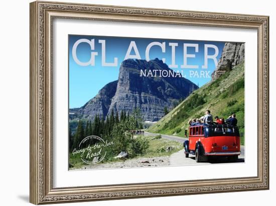 Glacier National Park, Montana - Going-to-the-Sun Road and Red Bus-Lantern Press-Framed Art Print