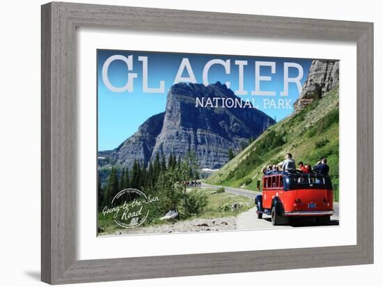 Glacier National Park, Montana - Going-to-the-Sun Road and Red Bus-Lantern Press-Framed Art Print