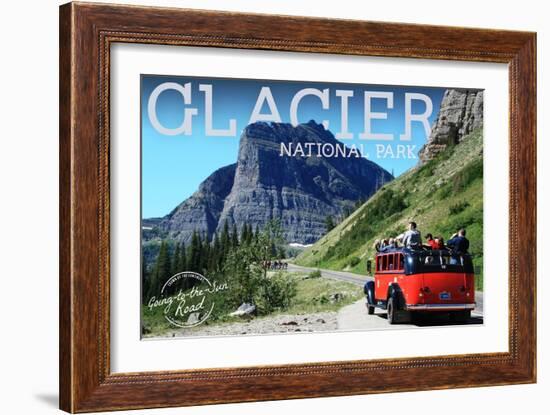 Glacier National Park, Montana - Going-to-the-Sun Road and Red Bus-Lantern Press-Framed Art Print