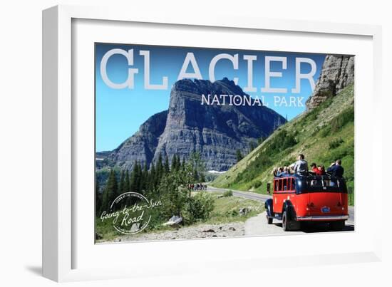 Glacier National Park, Montana - Going-to-the-Sun Road and Red Bus-Lantern Press-Framed Art Print