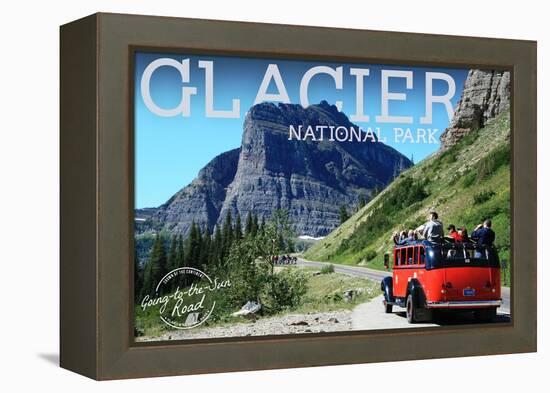 Glacier National Park, Montana - Going-to-the-Sun Road and Red Bus-Lantern Press-Framed Stretched Canvas