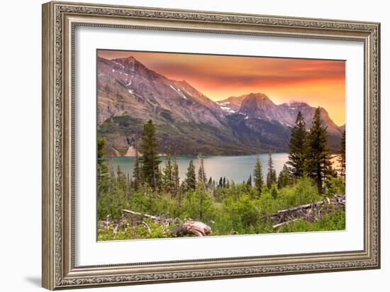 Glacier National Park, Montana - Lake and Peaks at Sunset-Lantern Press-Framed Art Print