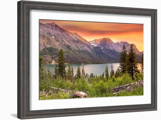 Glacier National Park, Montana - Lake and Peaks at Sunset-Lantern Press-Framed Art Print