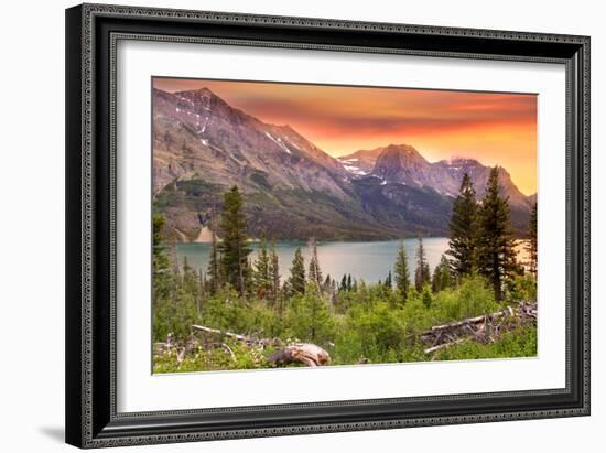 Glacier National Park, Montana - Lake and Peaks at Sunset-Lantern Press-Framed Art Print