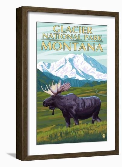 Glacier National Park, Montana - Moose and Mountain-Lantern Press-Framed Art Print