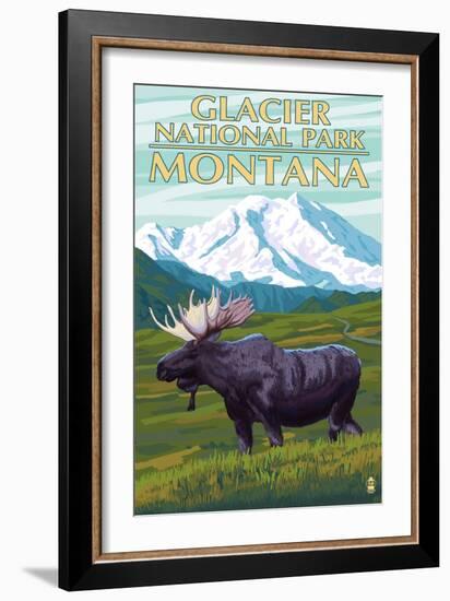 Glacier National Park, Montana - Moose and Mountain-Lantern Press-Framed Art Print