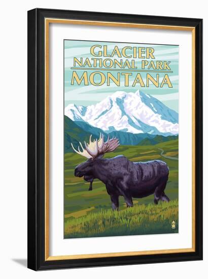 Glacier National Park, Montana - Moose and Mountain-Lantern Press-Framed Art Print