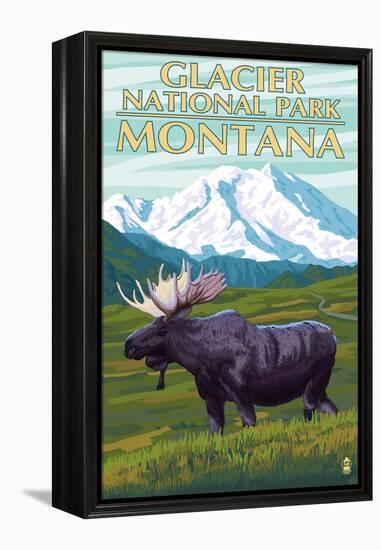 Glacier National Park, Montana - Moose and Mountain-Lantern Press-Framed Stretched Canvas