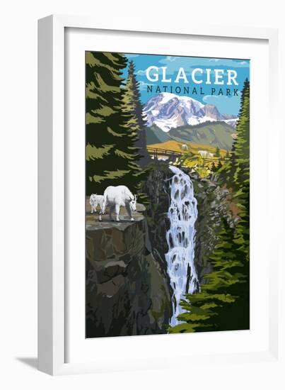 Glacier National Park, Montana - Mountain Goats & Waterfall - Lantern Press Artwork-Lantern Press-Framed Art Print