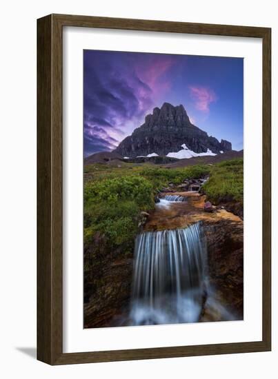 Glacier National Park, Montana - Mt. Reynolds and Waterfall-Lantern Press-Framed Art Print