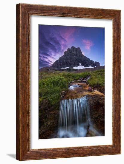 Glacier National Park, Montana - Mt. Reynolds and Waterfall-Lantern Press-Framed Art Print