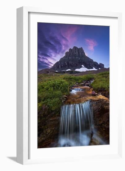 Glacier National Park, Montana - Mt. Reynolds and Waterfall-Lantern Press-Framed Art Print