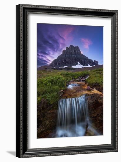 Glacier National Park, Montana - Mt. Reynolds and Waterfall-Lantern Press-Framed Art Print