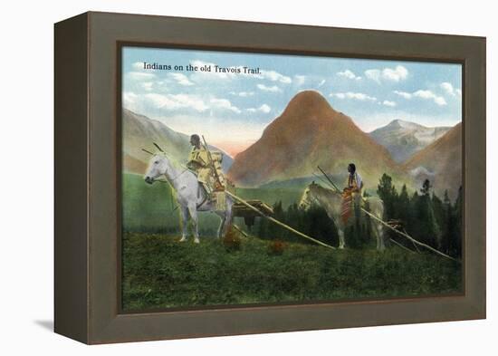 Glacier National Park, MT, View of Two Indians on Horseback on the Old Travois Trial-Lantern Press-Framed Stretched Canvas