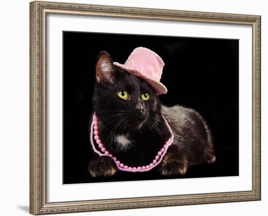 Glamorous Black Cat Wearing Pink Hat And Beads Against Black Background-vitalytitov-Framed Photographic Print