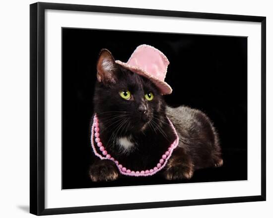 Glamorous Black Cat Wearing Pink Hat And Beads Against Black Background-vitalytitov-Framed Photographic Print