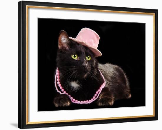 Glamorous Black Cat Wearing Pink Hat And Beads Against Black Background-vitalytitov-Framed Photographic Print