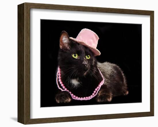 Glamorous Black Cat Wearing Pink Hat And Beads Against Black Background-vitalytitov-Framed Photographic Print